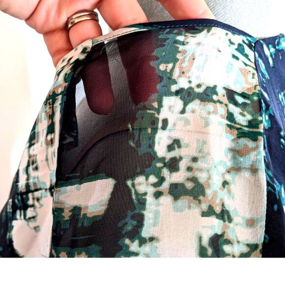 POLECI 100% Silk Abstract Print Surplice Faux Wrap Knee Length Dress, Fits 6/8 - Picture 4 of 12